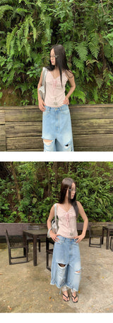 ピンクストライプレースアップノースリーブTシャツ