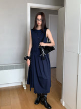 Navy Pleats Wrap Long Sleeveless Dress