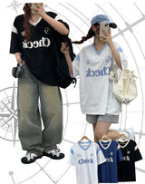チェックVネックオーバーフィット半袖Tシャツ