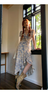 French flower shirring wrap dress