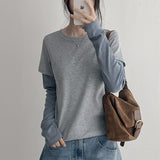 アート ストライプ レイヤード ロング スリーブ Tシャツ (5 colors)