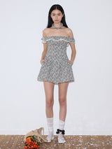 rirri 2025 Spring-Summer New Arrival Textured 100% Cotton Floral Dress - Adjustable Off-Shoulder Neckline & Waist Tie Detail