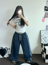TRACK THREE LINE WIDE PANTS 🤍🎀 FLEECE- PICKABLE 💕🤎🖤5COLOR