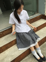 Karohi Sleeve Layered Check Shirring Midi Banding Skirt