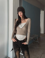 Ash Ribbed Deep Button Layered Long Sleeves