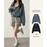 Mile Washing Crop Banding Denim Hooded Zip-Up