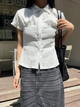 Ripple Mood Stripe Span Shirring Short Sleeve Shirt (3 colors)