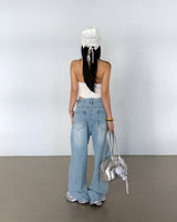 Lace torn jeans. Wide jeans