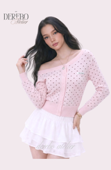 Pink dot unbalanced shoulder top