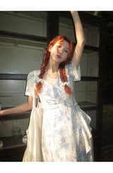 French flower shirring wrap dress