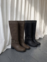 HARNESS STUDDED BUCKLE MID-CALF BOOTS (2COLORS!)