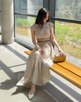[Two-piece Set] Soche Ribbed Cap Knit Chiffon Skirt Set (Belt Set)