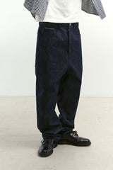Natural High Waist Baggy Fit Selvedge Denim Pants(Navy)
