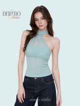 one-shoulder mint chiffon sleeveless top 