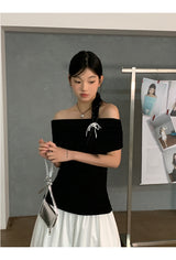 Black Macaron Bow Off Shoulder Tee