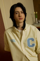 Sky blue C Patch Yellow Oxford short-sleeved Shirt [Unisex]