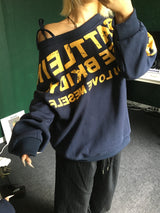 ホルターネック オフショルダーTシャツ オフショルダー レタリングスウェットシャツ