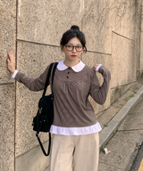 ラウンドカラーストライプフリルTシャツ