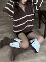 [UNISEX/Overfit] クラウンハチカラーコンビネーションストライプドハイネックツーウェイジップアップ (3 colors)