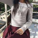 ラソストライプストラップレイヤードアウターフリースカラードオフショルダーTシャツ