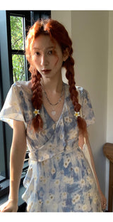 French flower shirring wrap dress