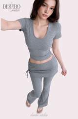 Liiv short-sleeve cap training shirring pants set (REGULAR PANTS)