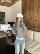 レースレイヤード長袖VネックTシャツ