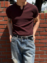 [MUSCLE FIT] Waffle slit slim half t-shirts(5color)