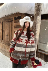 Red Snow Stripe Hooded Knit Zip-Up