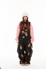 CARGO POCKET WIDE BIB PANTS 3D BEAR RABBIT BLACK