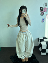 フリース❤サイドシャーリングストライプクロッピードロングスリーブTシャツ 🧸🤎🩶🩵3カラー