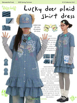 BETWEENAND spring lucky deer plaid doll collar shirt waji co-branded dress stacked women