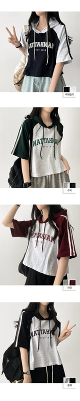 Showy Color Raglan Short Sleeve Hoodie