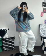 STRIPE OVER BOXY BOYFRIEND LONG SLEEVE T SHIRT ❤💚🩵🧸4COLOR