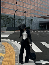 Y2K Back Point X Strap Bijo Wide Loose Fit Denim Long Pants (Black)