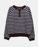 Hira Round Henley-Neck Buttoned Stripe Knit