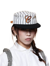 6CRAYON  Retro Flat Top Baseball Cap - Striped Wool Blend with Embroidered Letters