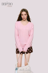 Baby Pink Twisted V-neck Loose Fit Knitwear