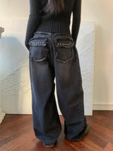 Rough Muse Tassel Ball Stud Wide Long Denim Pants