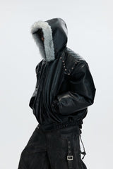 Hooded Leather Puffer Jacket