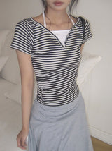 Isho Fake Layered Halter Stripe Button Short Sleeve T-shirt