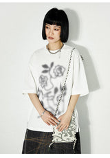 ぼかしバラプリントルーズピュアホワイト半袖Tシャツ(UNISEX)