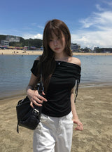Nob Shirring オフショルダーリボン半袖Tシャツ