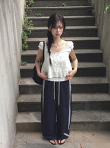 Amu Lace Frill Button Puff Short Sleeve Blouse
