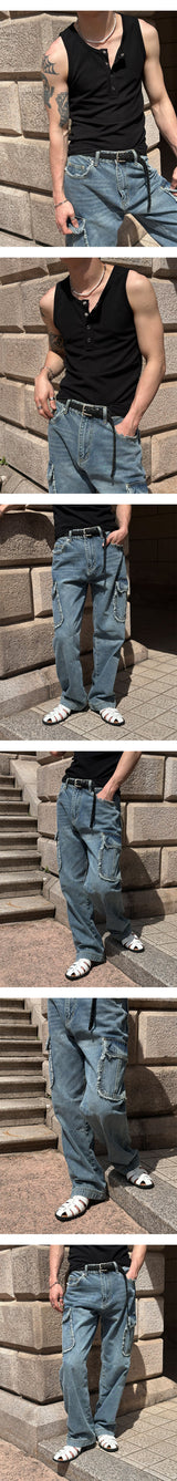 [Unisex] Fringe cargo denim pants(3color)