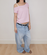 ダブ 切りっぱなし オフショルダー 半袖 Tシャツ