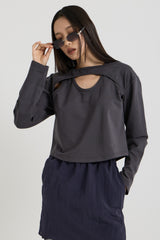 Cotton Layered Long Sleeve T-Shirt, Charcoal