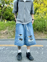 Double destroyed denim bermuda pants 1C