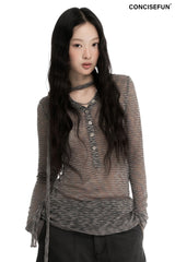 CONFUN Silver Striped Micro Transparent Flowing Long Sleeve Polo Shirt