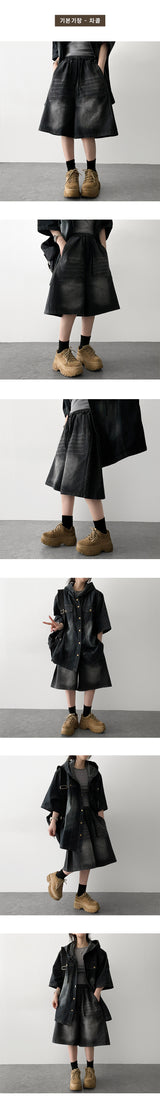 [Basic & long] Ichi banding side pintuck pleated denim Bermuda shorts